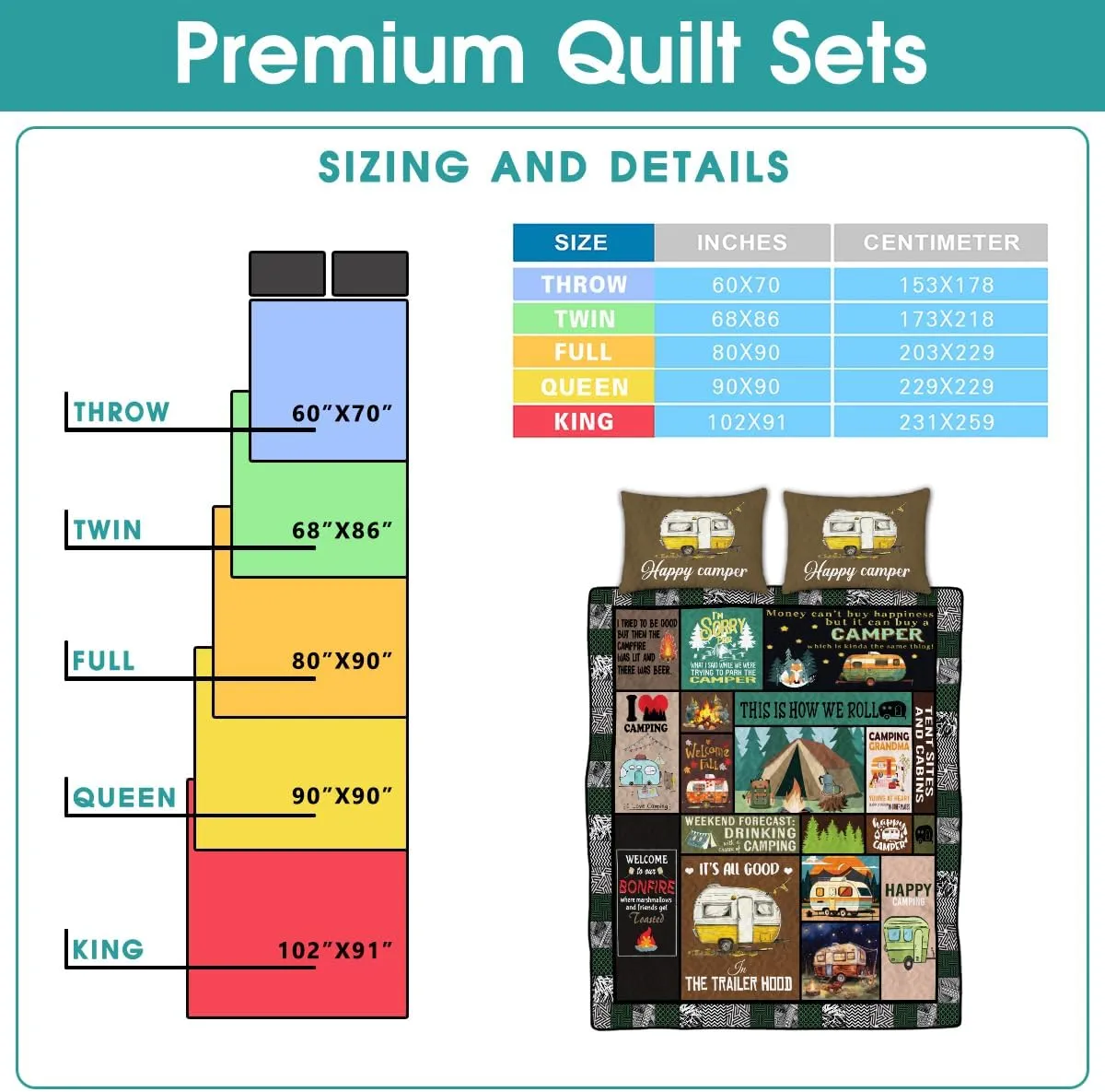 Go Camping Quilt Bed Set Custom Quilt, Bedding Sets and Collections, Queen Bed Set, King Bed Set,Comes with Pillow Cases for Girl Women Camping Lovers (Camping D01)