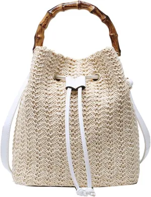 Goclothod Small Drawstring Shoulder Bag Straw Weave Handbag Summer Beach Purse