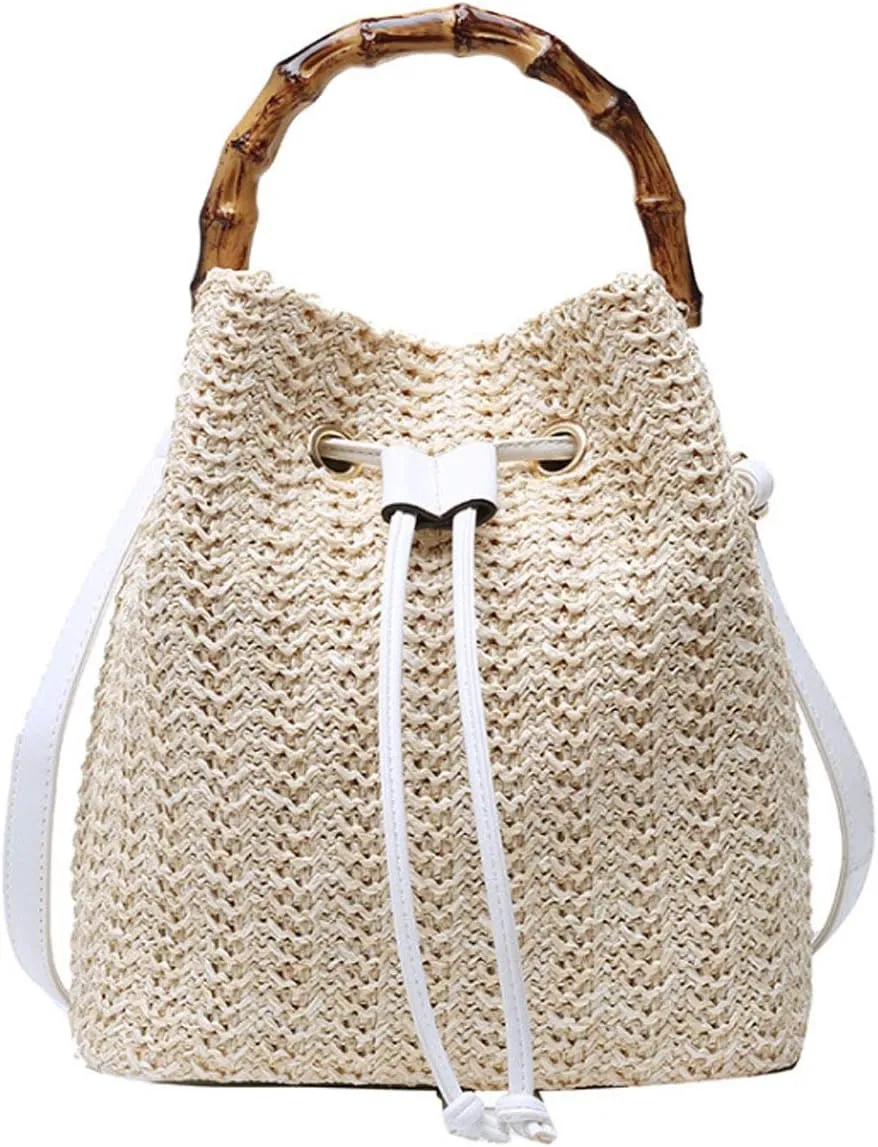 Goclothod Small Drawstring Shoulder Bag Straw Weave Handbag Summer Beach Purse