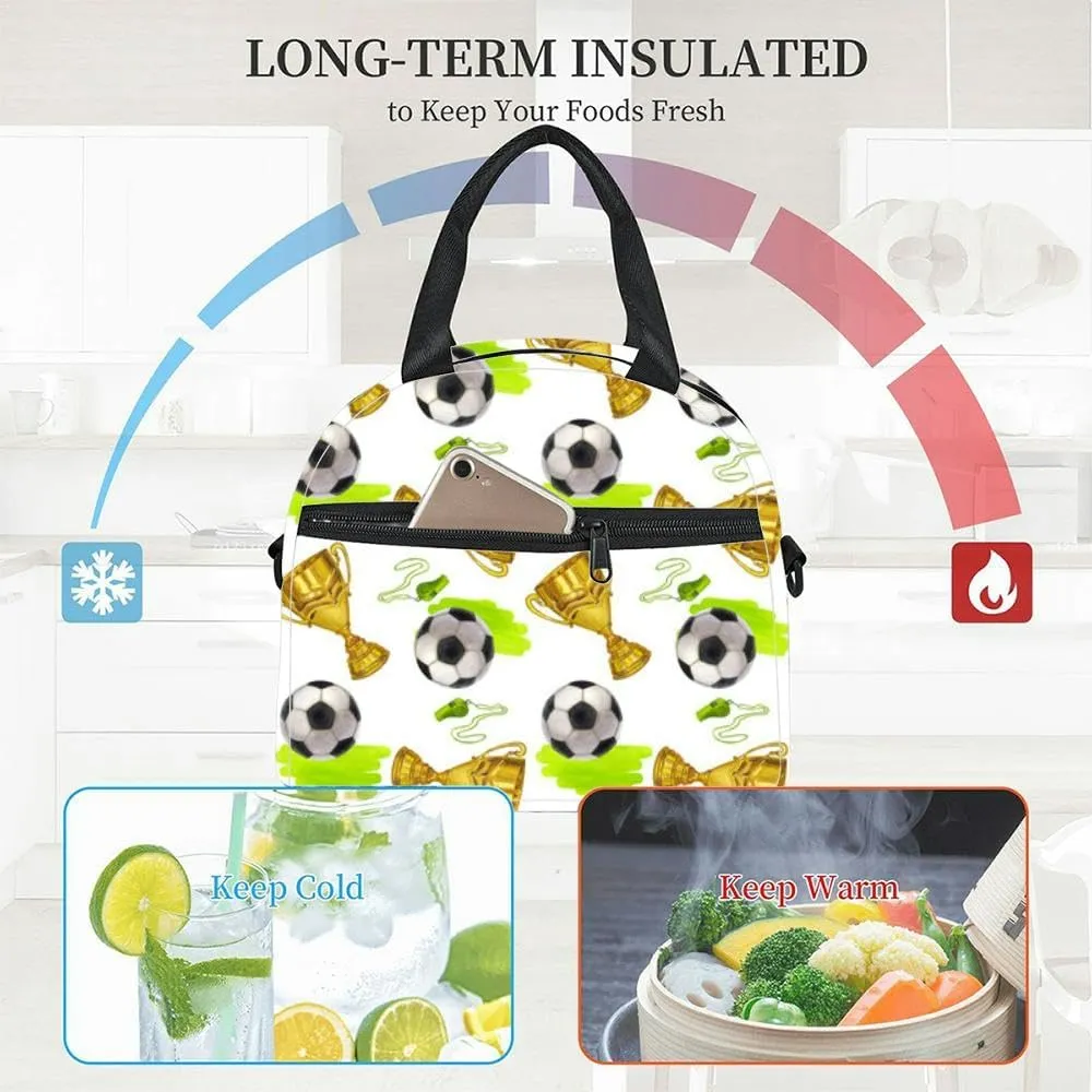 golden winner cup trophy soccer ball whistle victory prize Hand draw Insulated Adult Lunch Bag with Shoulder Strap for Women Lightweight Reusable Portable Freezable Lunch Tote Bag for Work Picnic
