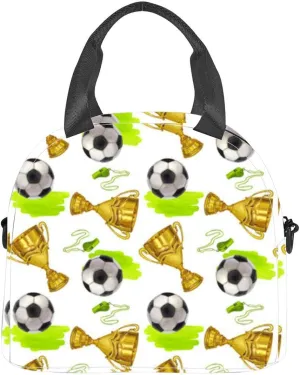 golden winner cup trophy soccer ball whistle victory prize Hand draw Insulated Adult Lunch Bag with Shoulder Strap for Women Lightweight Reusable Portable Freezable Lunch Tote Bag for Work Picnic