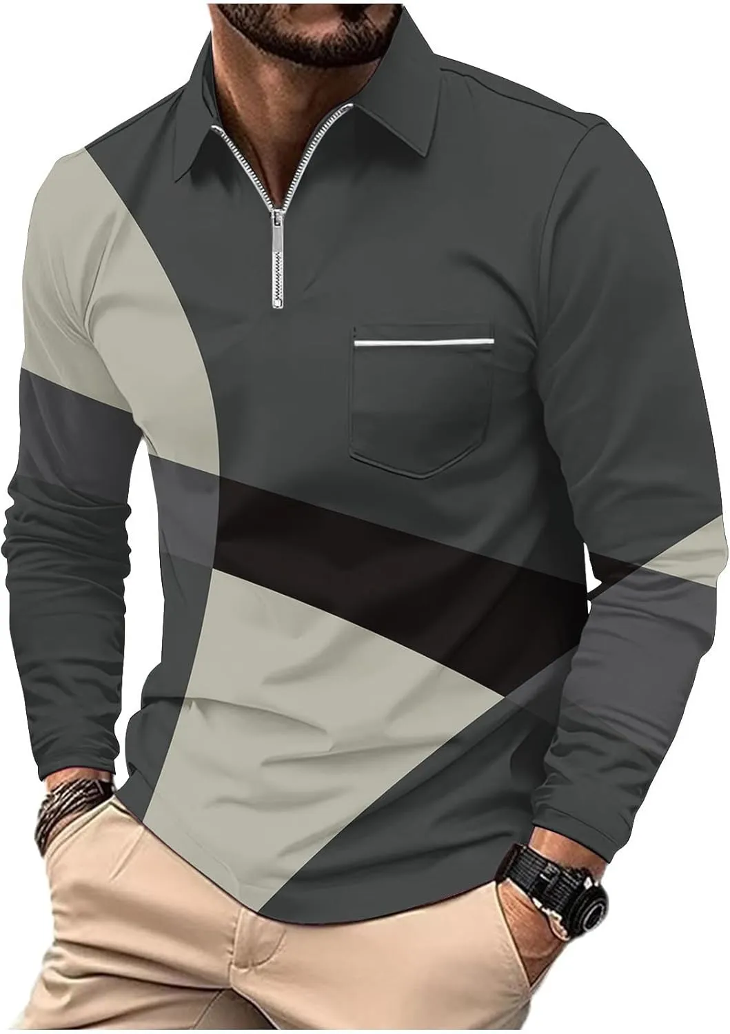 Golf Shirts for Men Lightweight Long Sleeve Quarter-Zip Henley Sweatshirts Loose Fit Color Block Causal Polo Pullover