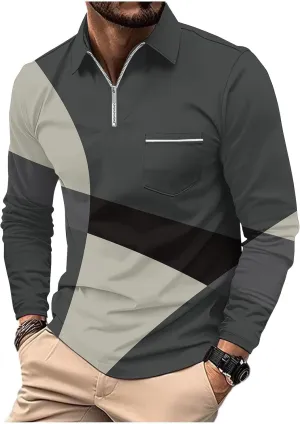 Golf Shirts for Men Lightweight Long Sleeve Quarter-Zip Henley Sweatshirts Loose Fit Color Block Causal Polo Pullover