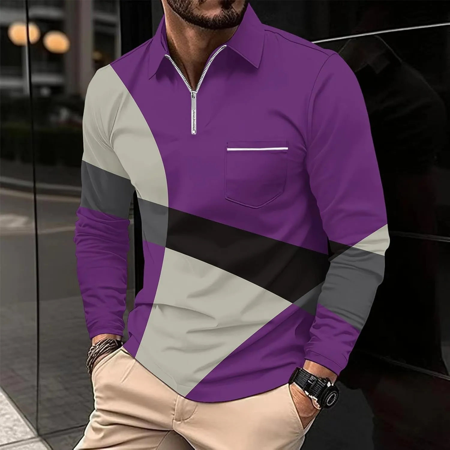 Golf Shirts for Men Lightweight Long Sleeve Quarter-Zip Henley Sweatshirts Loose Fit Color Block Causal Polo Pullover