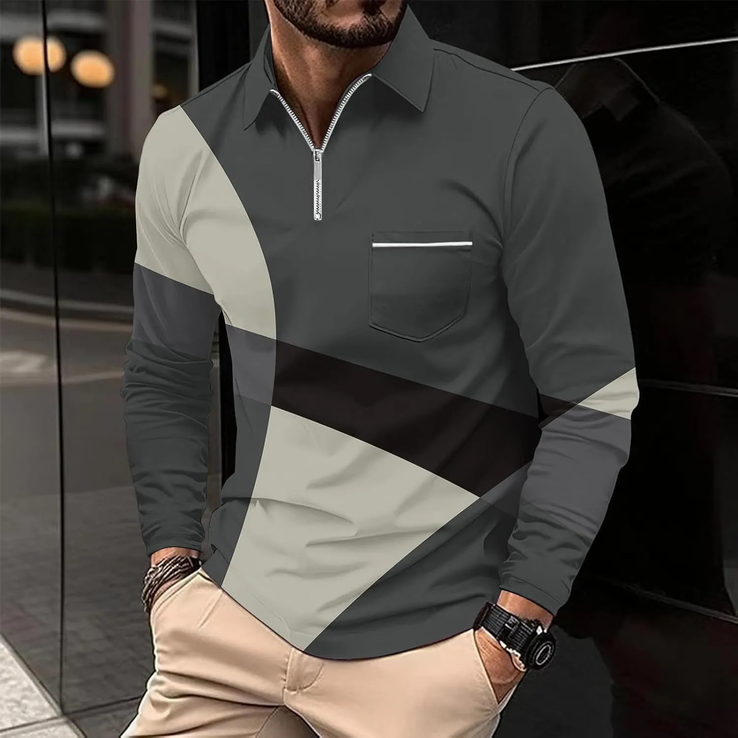 Golf Shirts for Men Lightweight Long Sleeve Quarter-Zip Henley Sweatshirts Loose Fit Color Block Causal Polo Pullover