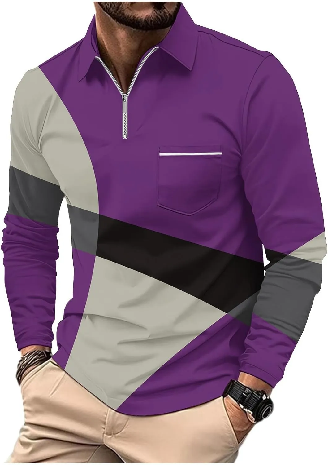 Golf Shirts for Men Lightweight Long Sleeve Quarter-Zip Henley Sweatshirts Loose Fit Color Block Causal Polo Pullover