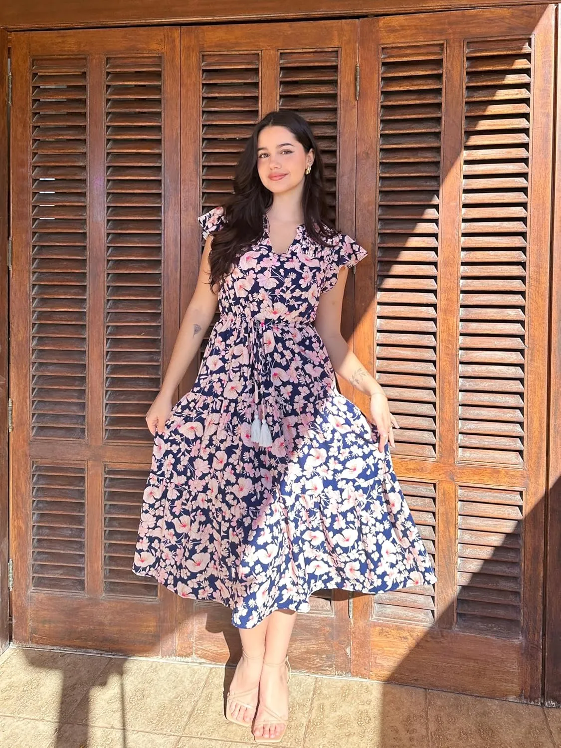 GRACE KARIN Womens Summer Floral Midi Dresses Short Sleeve Beach Wedding Guest Dress Drawstring Long Flowy Dress with Pockets