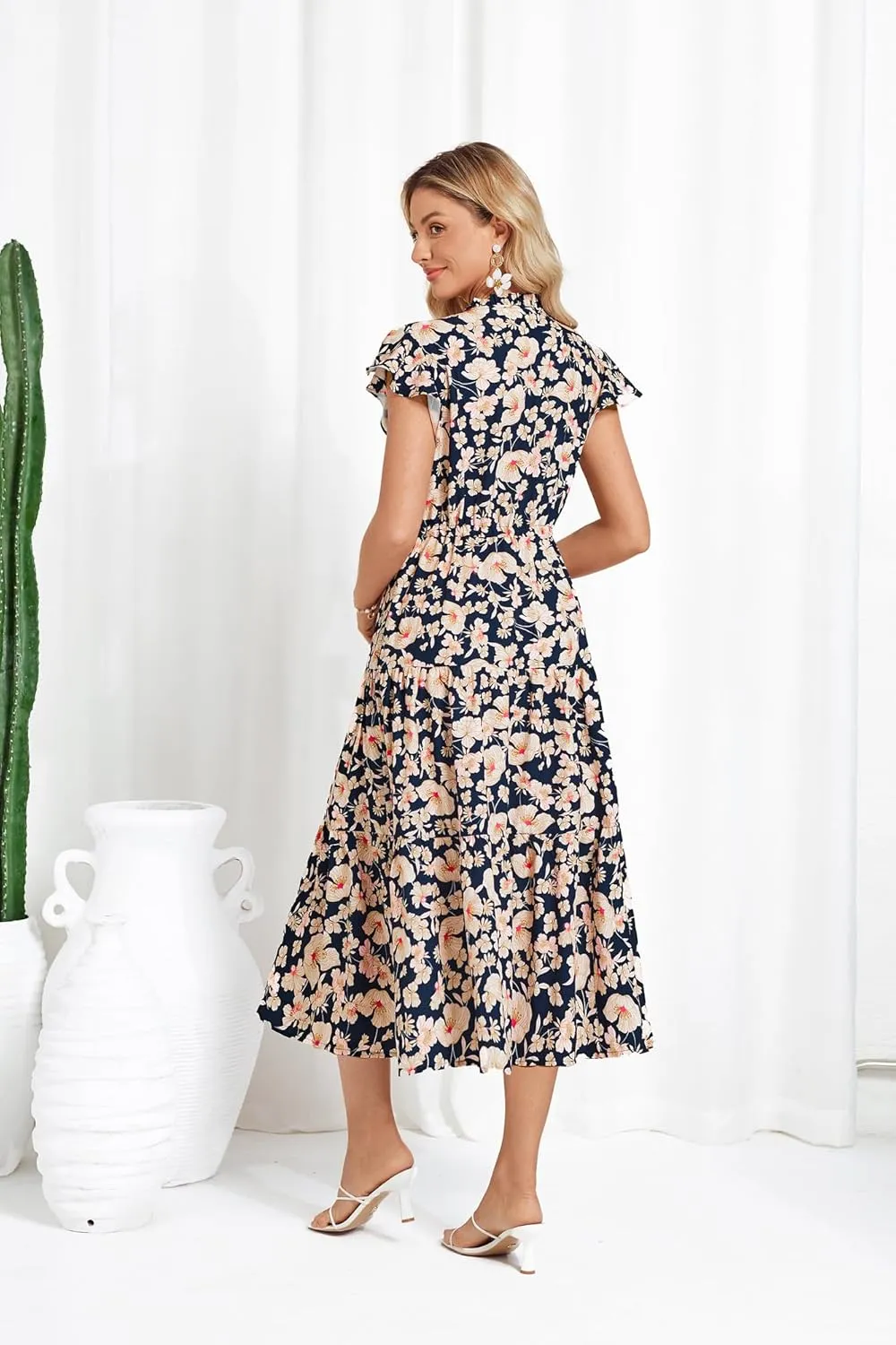GRACE KARIN Womens Summer Floral Midi Dresses Short Sleeve Beach Wedding Guest Dress Drawstring Long Flowy Dress with Pockets