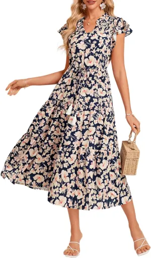 GRACE KARIN Womens Summer Floral Midi Dresses Short Sleeve Beach Wedding Guest Dress Drawstring Long Flowy Dress with Pockets