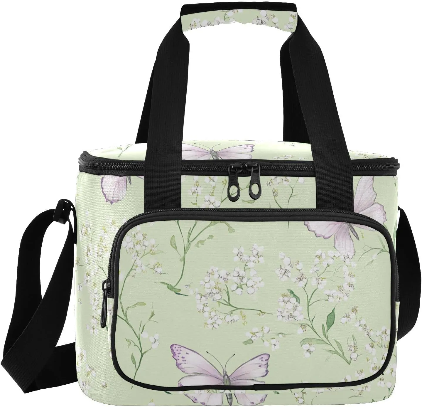 Green Spring Butterfly Large Capacity Women Lunch Bag with Shoulder Strap Lunch Pack for Teenagers