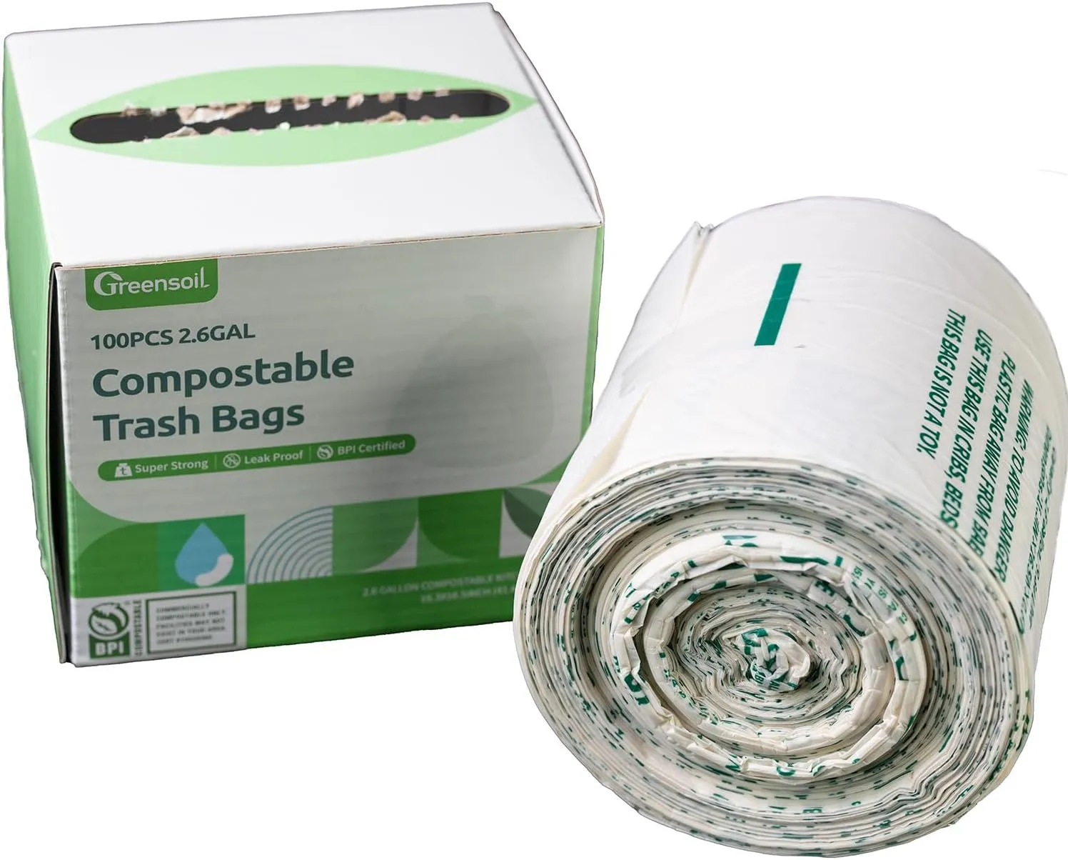 Greensoil Small Trash Bags for Kitchen, Bathroom, Office Waste Bins, ASTM D6400 BPI Certified 2.6 Gallon Trash Bags, Leak Proof Odorless Heavy Duty Small Garbage Bags, 100 Pack