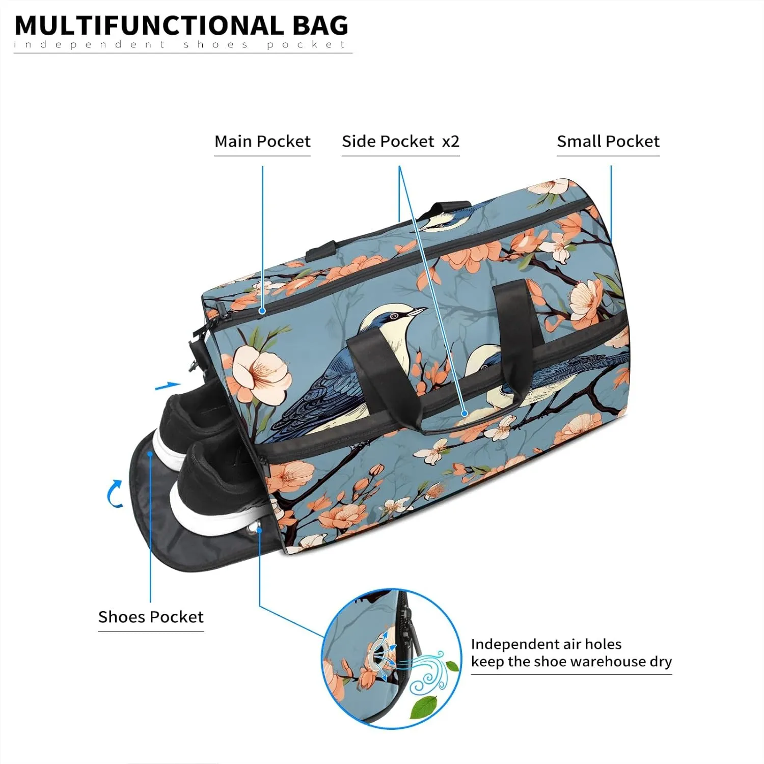 Gym Bag for Women, Carry on Weekender Overnight Bag, Travel Duffel Bags, Personal Item Travel Bag Tote Bag Workout Dance Bag, Chinese Painting Bird - 41
