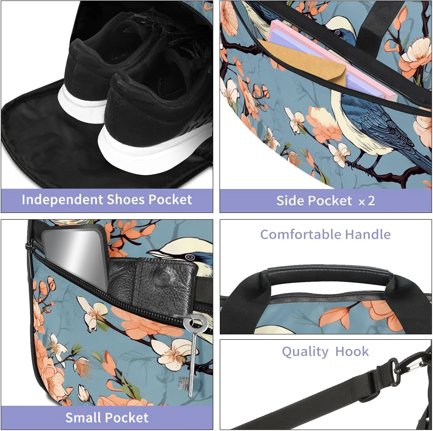 Gym Bag for Women, Carry on Weekender Overnight Bag, Travel Duffel Bags, Personal Item Travel Bag Tote Bag Workout Dance Bag, Chinese Painting Bird - 41