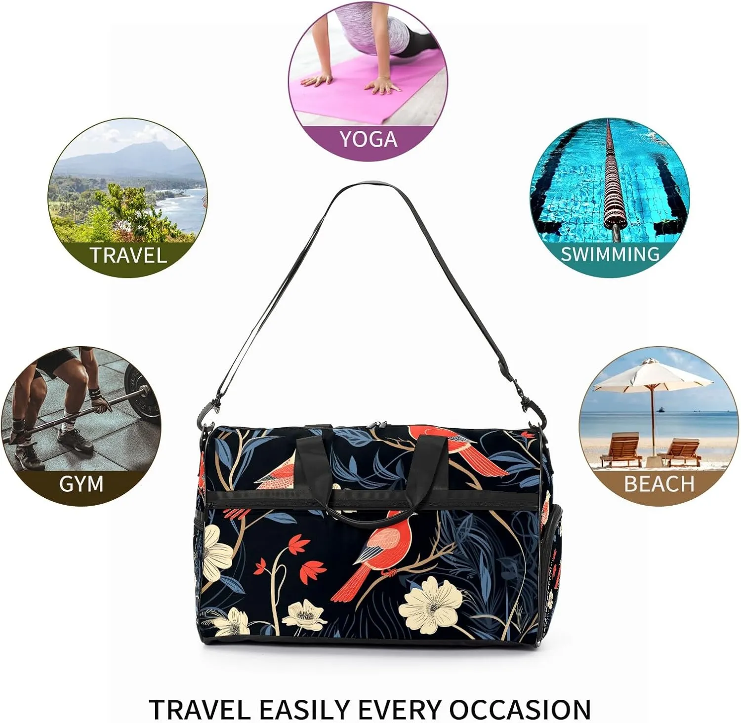 Gym Bag for Women, Carry on Weekender Overnight Bag, Travel Duffel Bags, Personal Item Travel Bag Tote Bag Workout Dance Bag, Chinese Painting Bird - 46