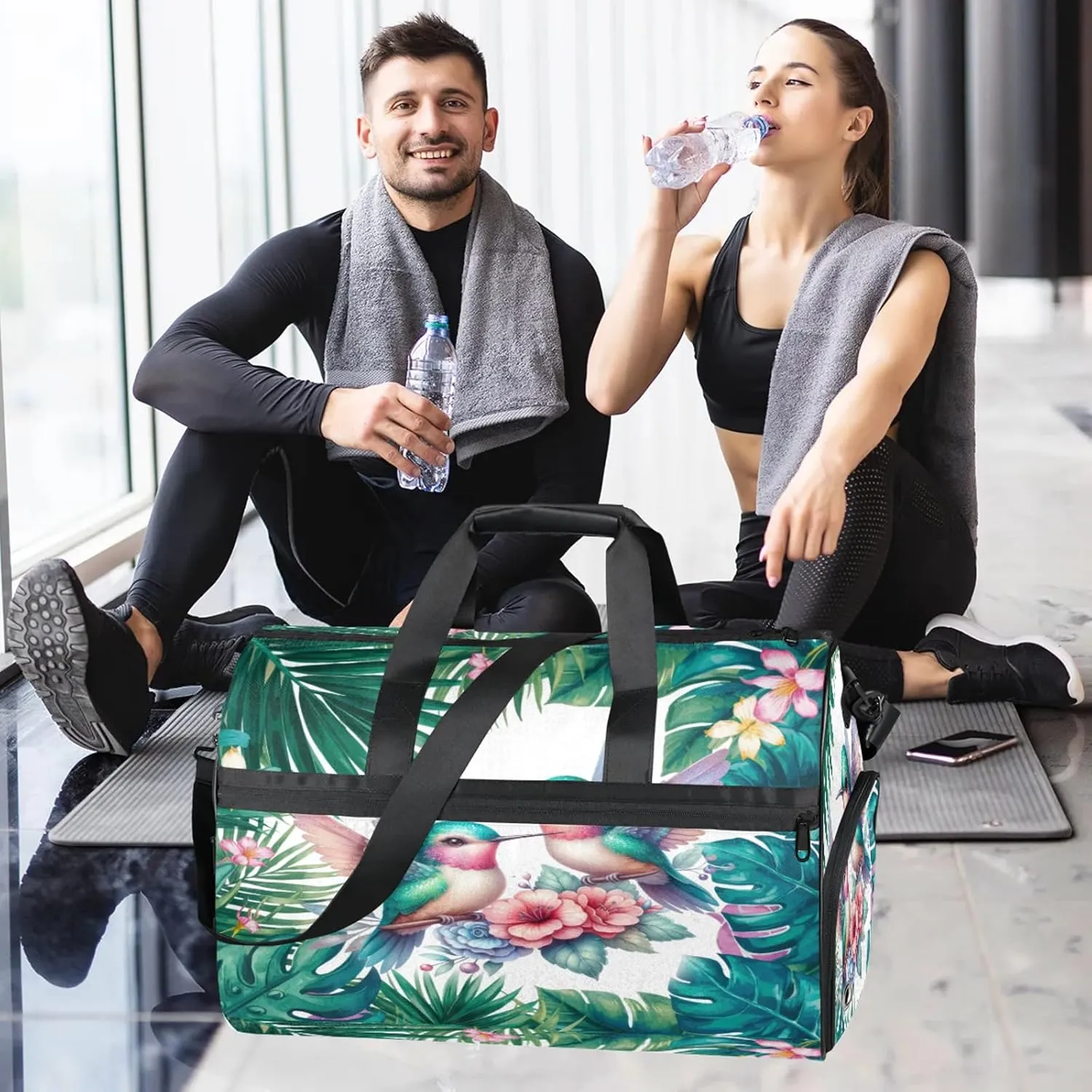 Gym Bag for Women Men Flower Palm Leaf Green Animal Travel Duffle Bag with Shoe Compartment Waterproof Sports Tote Bags Large Overnight Weekender Bags for Travel Swimming Gym Yoga Dance