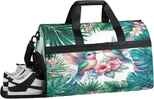 Gym Bag for Women Men Flower Palm Leaf Green Animal Travel Duffle Bag with Shoe Compartment Waterproof Sports Tote Bags Large Overnight Weekender Bags for Travel Swimming Gym Yoga Dance