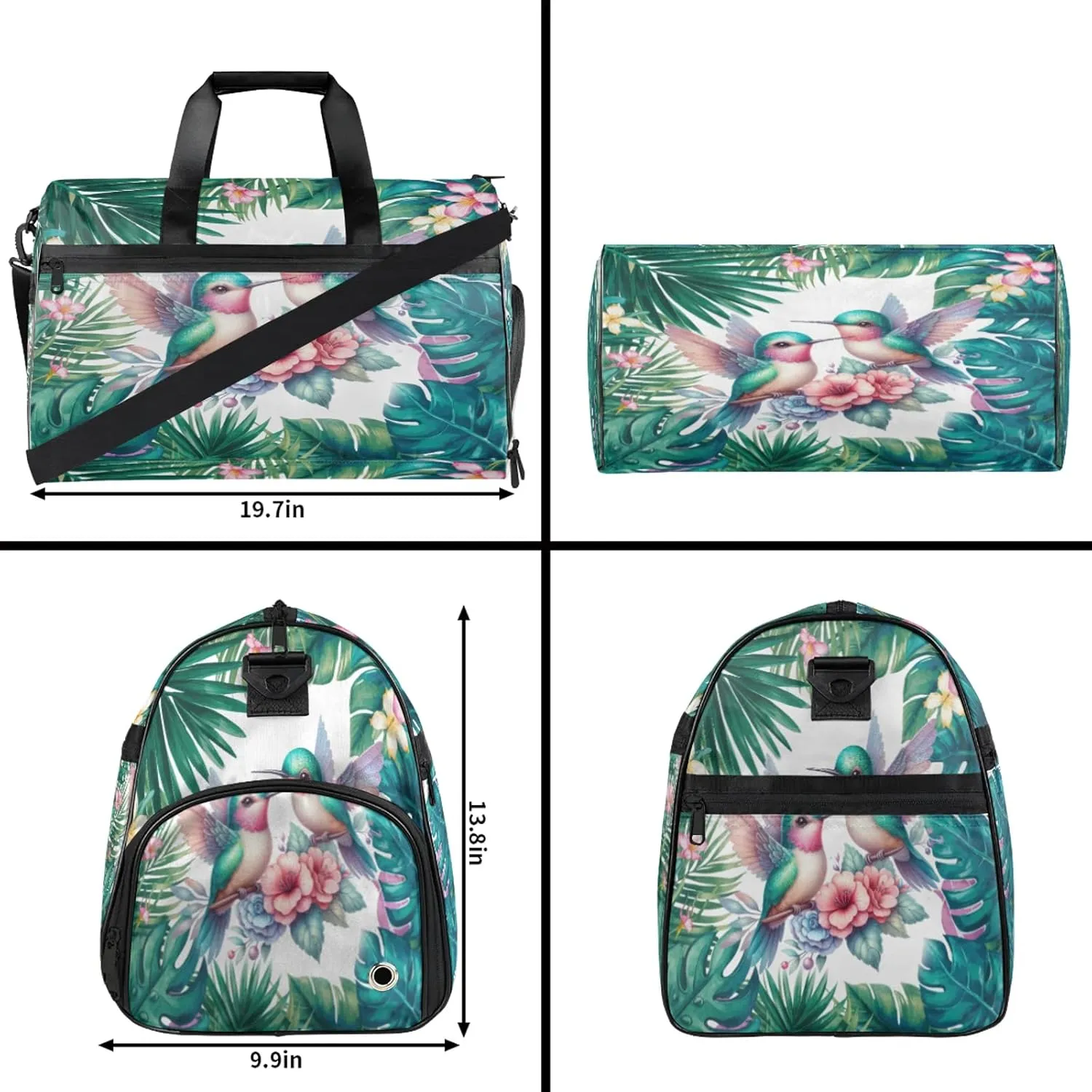 Gym Bag for Women Men Flower Palm Leaf Green Animal Travel Duffle Bag with Shoe Compartment Waterproof Sports Tote Bags Large Overnight Weekender Bags for Travel Swimming Gym Yoga Dance