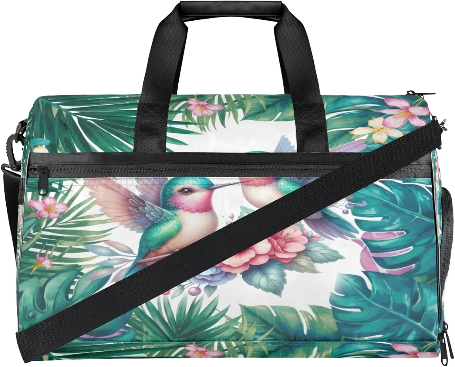 Gym Bag for Women Men Flower Palm Leaf Green Animal Travel Duffle Bag with Shoe Compartment Waterproof Sports Tote Bags Large Overnight Weekender Bags for Travel Swimming Gym Yoga Dance