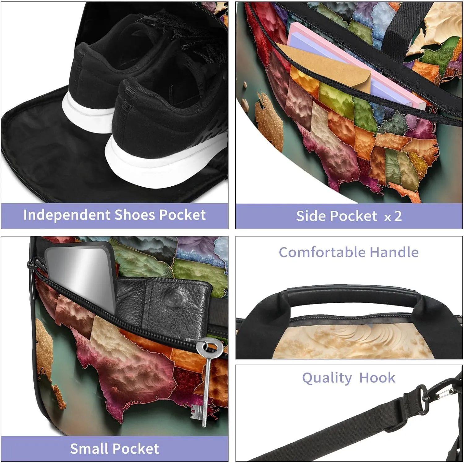 Gym Bag for Women Men, Yoga Bag with Shoe Pocket, Travel Duffel Tote Bag for Plane, Workout, Swimming, Weekend Overnight Bag Carry on Bag Hospital Holdalls, America Map - 23