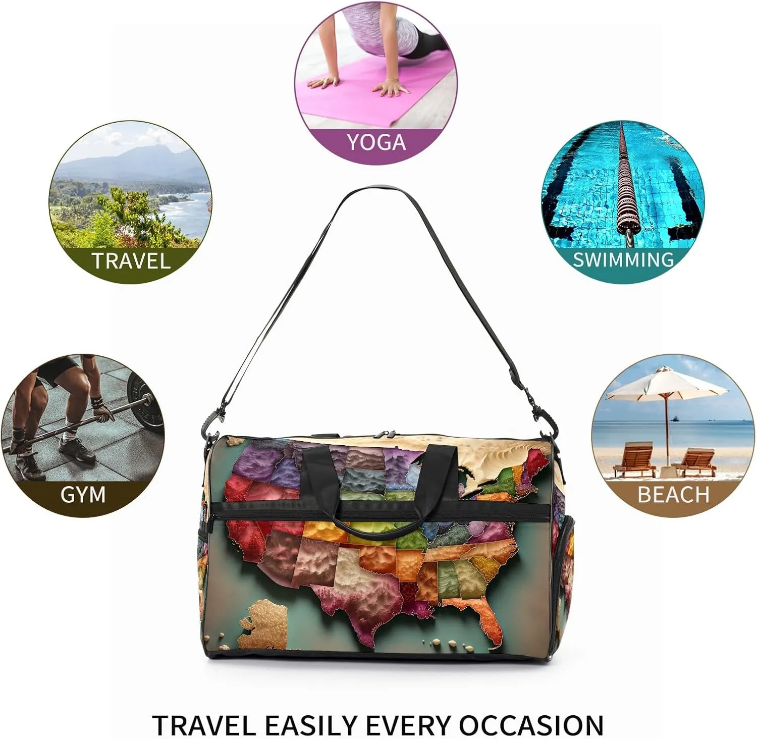 Gym Bag for Women Men, Yoga Bag with Shoe Pocket, Travel Duffel Tote Bag for Plane, Workout, Swimming, Weekend Overnight Bag Carry on Bag Hospital Holdalls, America Map - 23