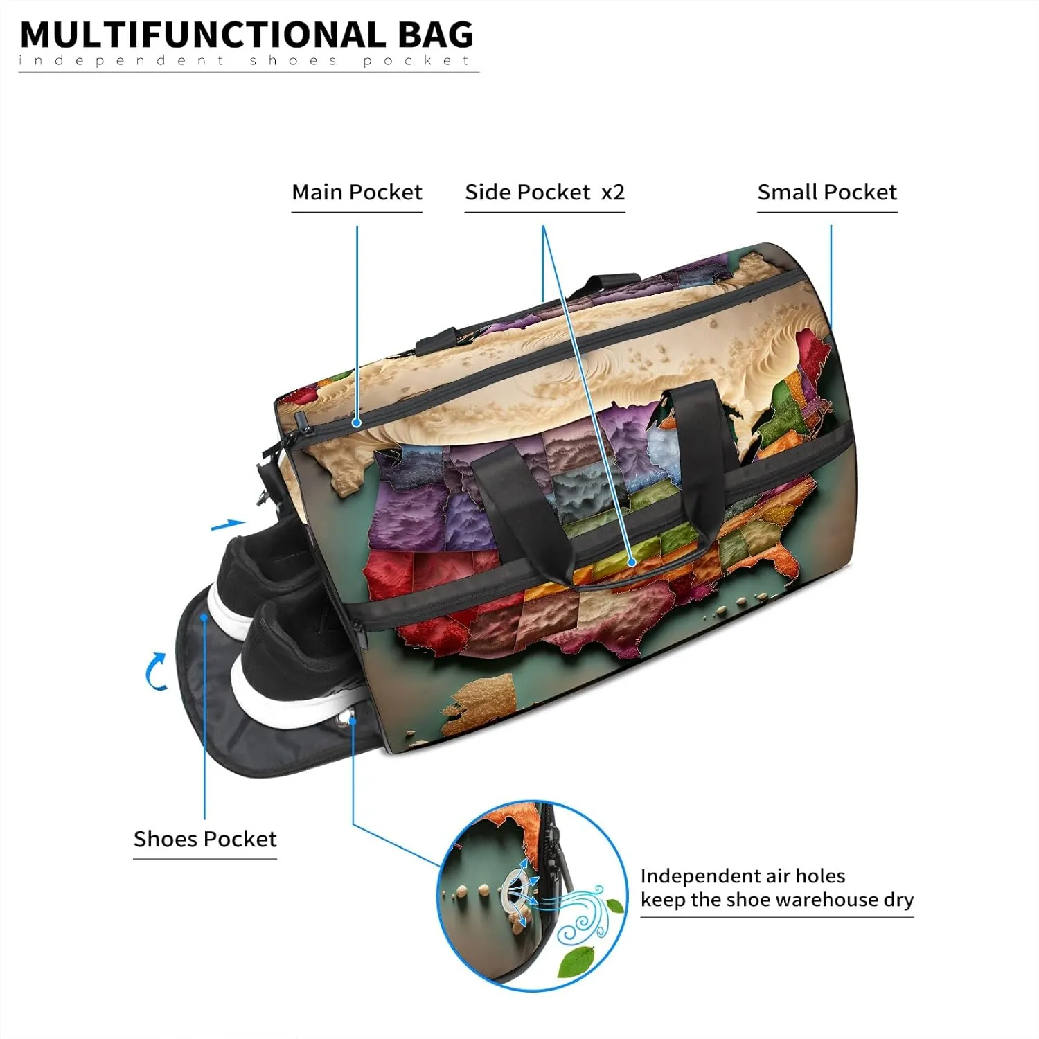 Gym Bag for Women Men, Yoga Bag with Shoe Pocket, Travel Duffel Tote Bag for Plane, Workout, Swimming, Weekend Overnight Bag Carry on Bag Hospital Holdalls, America Map - 23