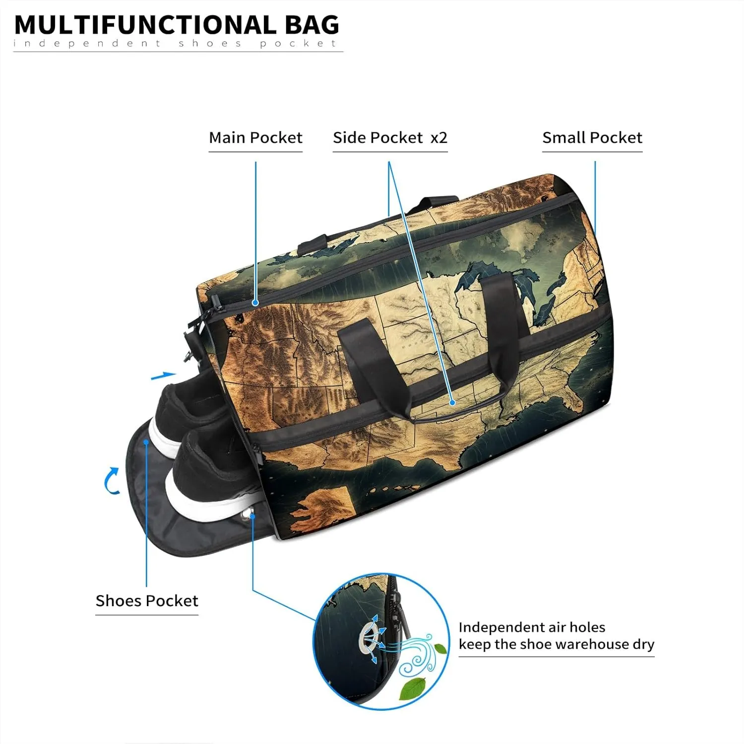 Gym Bag for Women Men, Yoga Bag with Shoe Pocket, Travel Duffel Tote Bag for Plane, Workout, Swimming, Weekend Overnight Bag Carry on Bag Hospital Holdalls, America Map - 2