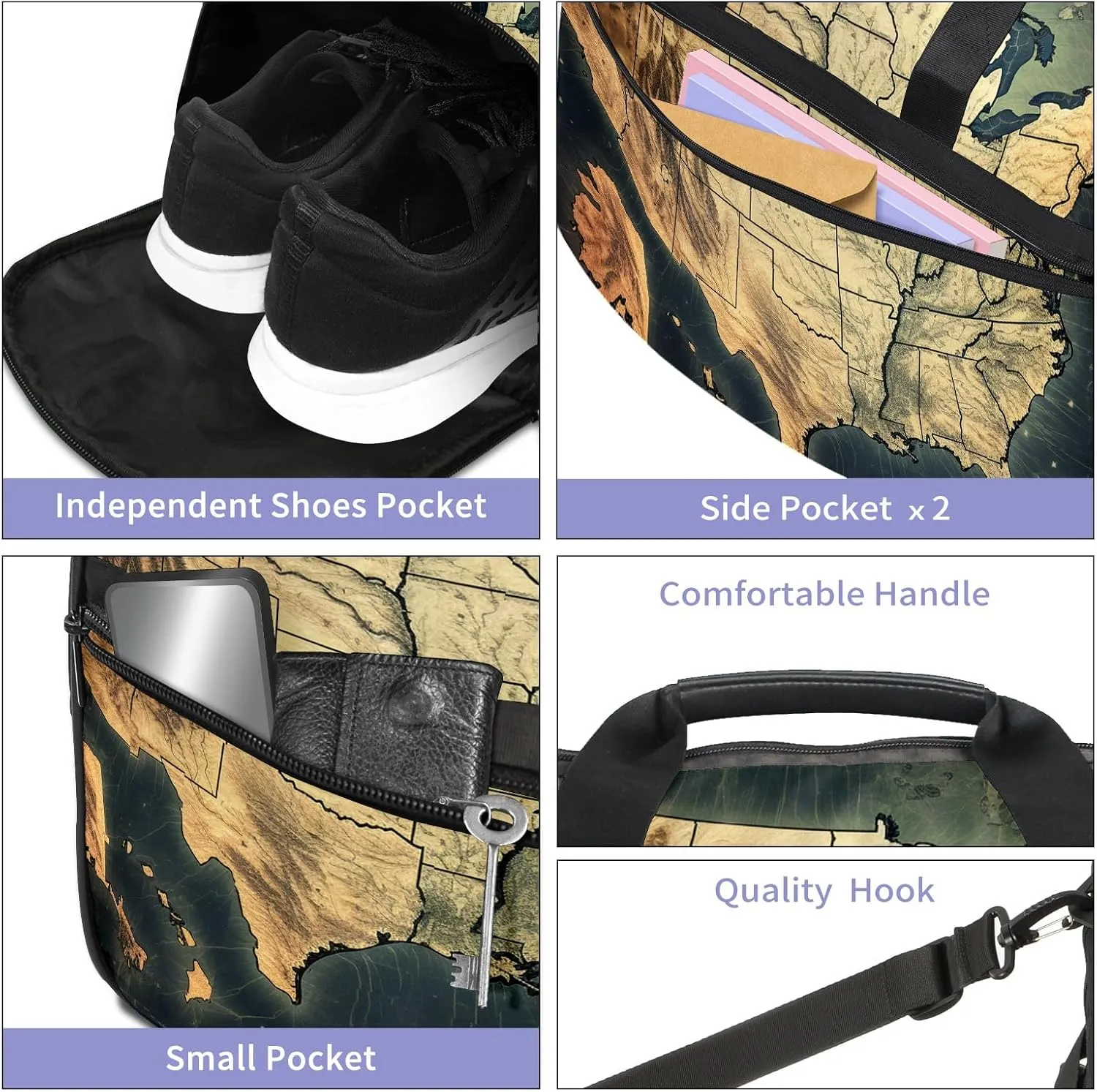Gym Bag for Women Men, Yoga Bag with Shoe Pocket, Travel Duffel Tote Bag for Plane, Workout, Swimming, Weekend Overnight Bag Carry on Bag Hospital Holdalls, America Map - 2
