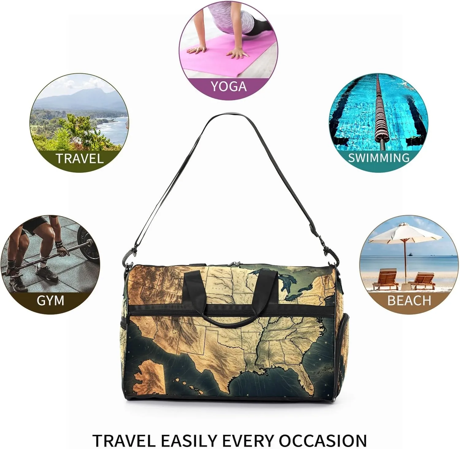 Gym Bag for Women Men, Yoga Bag with Shoe Pocket, Travel Duffel Tote Bag for Plane, Workout, Swimming, Weekend Overnight Bag Carry on Bag Hospital Holdalls, America Map - 2