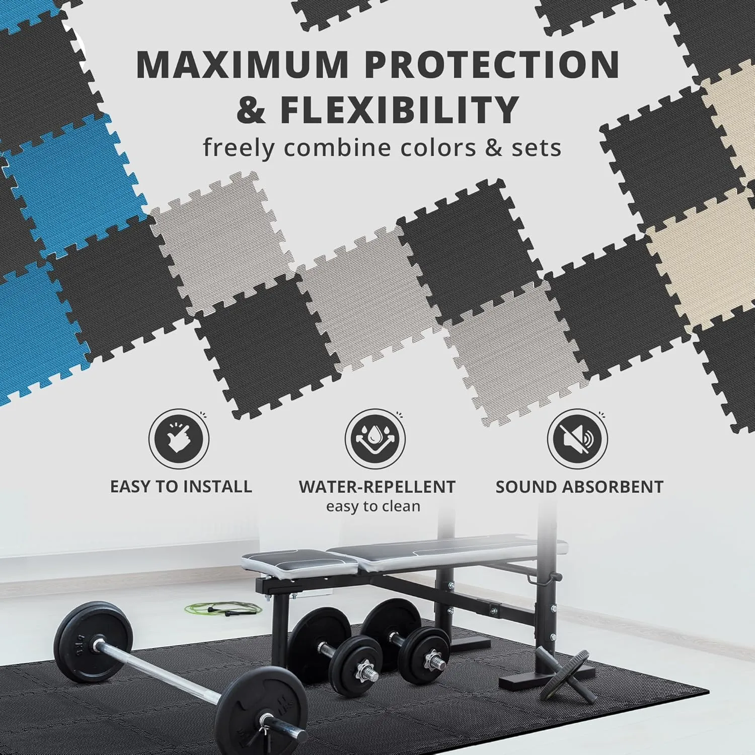Gym Flooring Set - Interlocking EVA Soft Foam Floor Mat, 18 Pieces Puzzle Rubber Tiles Protective Ground Surface Protection, Play Workout Exercise Mats Underlay Matting Sports Pool Home Fitness Garage