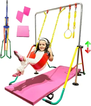 Gymnastics Training Bar for Kids Home Folding Expandable Kip Bar 5 in 1 Set   6’x2’ Tumble Mat, Swing Seat, 2X Trapeze Rings, Horizontal Bar Junior Gymnastic Equipment Monkey Bars Jungle Gym Yellow