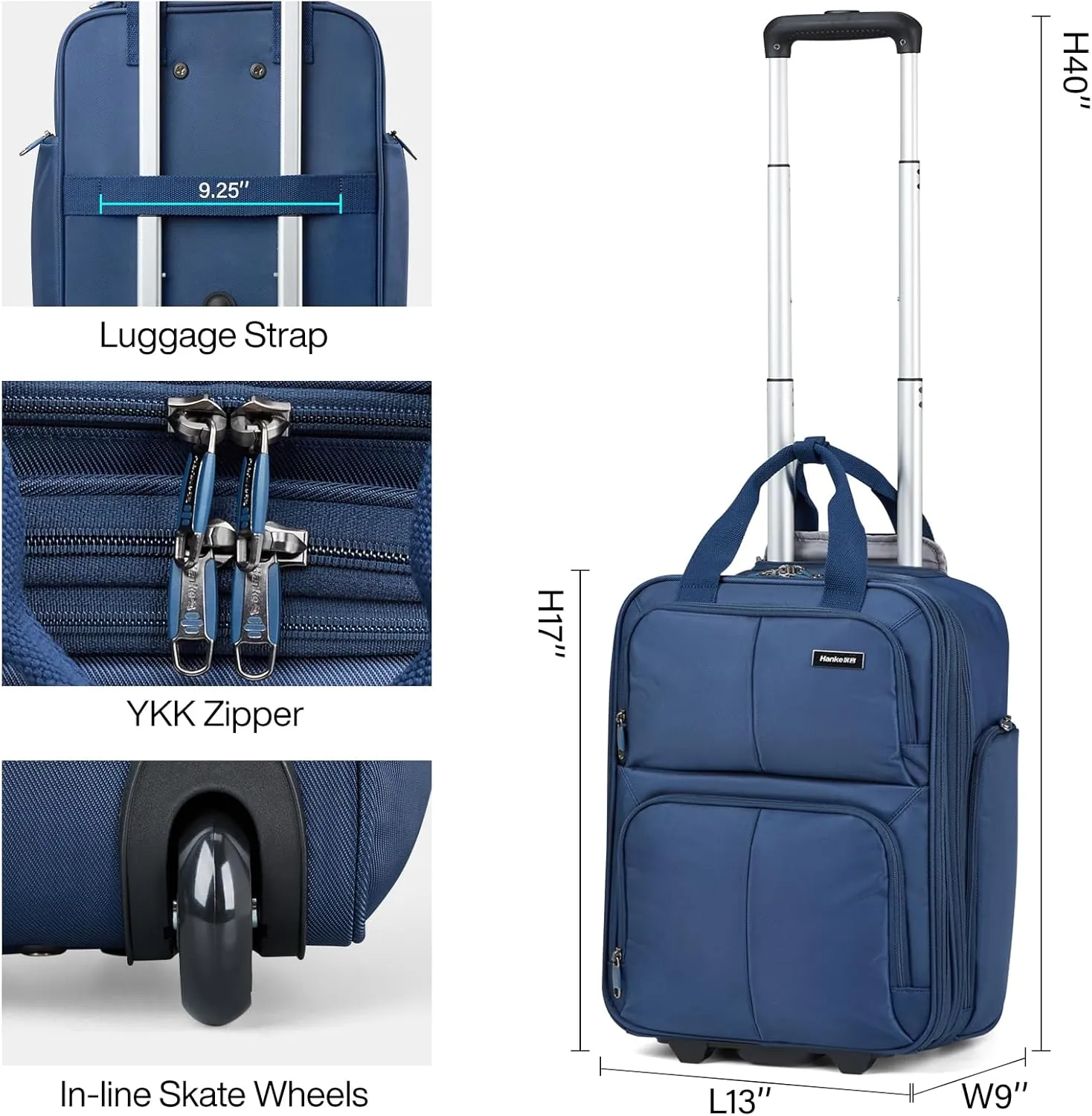 Hanke Softside Expandable Underseat Carry On Bags for Airplanes,Travel Luggage Rolling Bag Personal Item Bag Small Suitcase,Blue,16-Inch