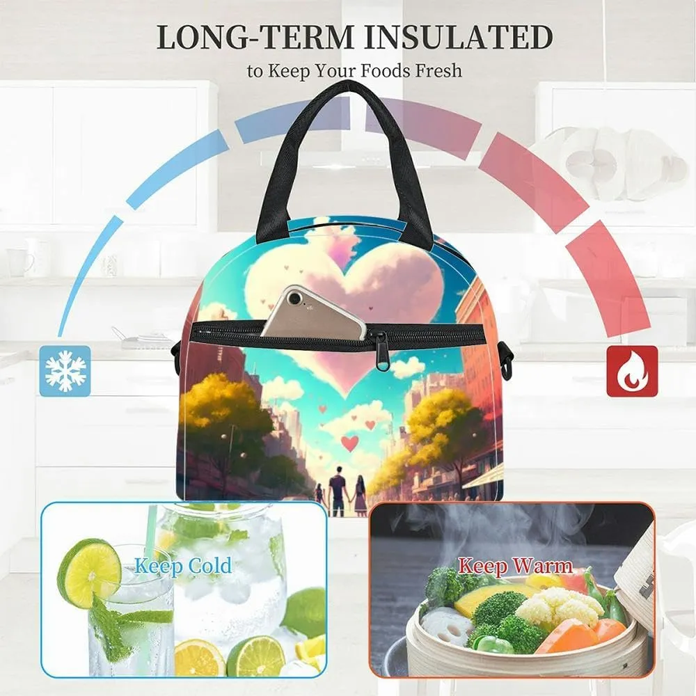 Happy couple romatically holding hands the city Insulated Adult Lunch Bag with Shoulder Strap for Women Lightweight Reusable Portable Freezable Lunch Tote Bag for Work Picnic