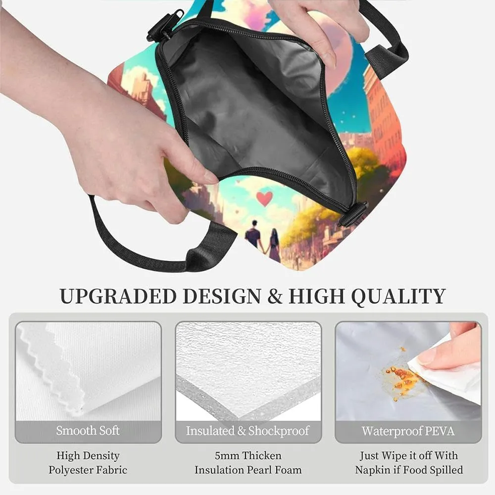Happy couple romatically holding hands the city Insulated Adult Lunch Bag with Shoulder Strap for Women Lightweight Reusable Portable Freezable Lunch Tote Bag for Work Picnic