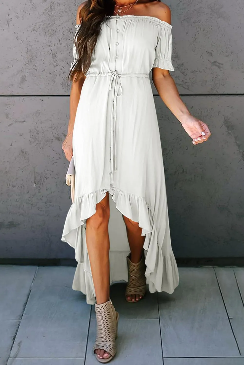 Happy Sailed Womens Off The Shoulder Maxi Dress Casual Short Sleeve Ruffle High Low Cocktail Party Wedding Guest Dresses