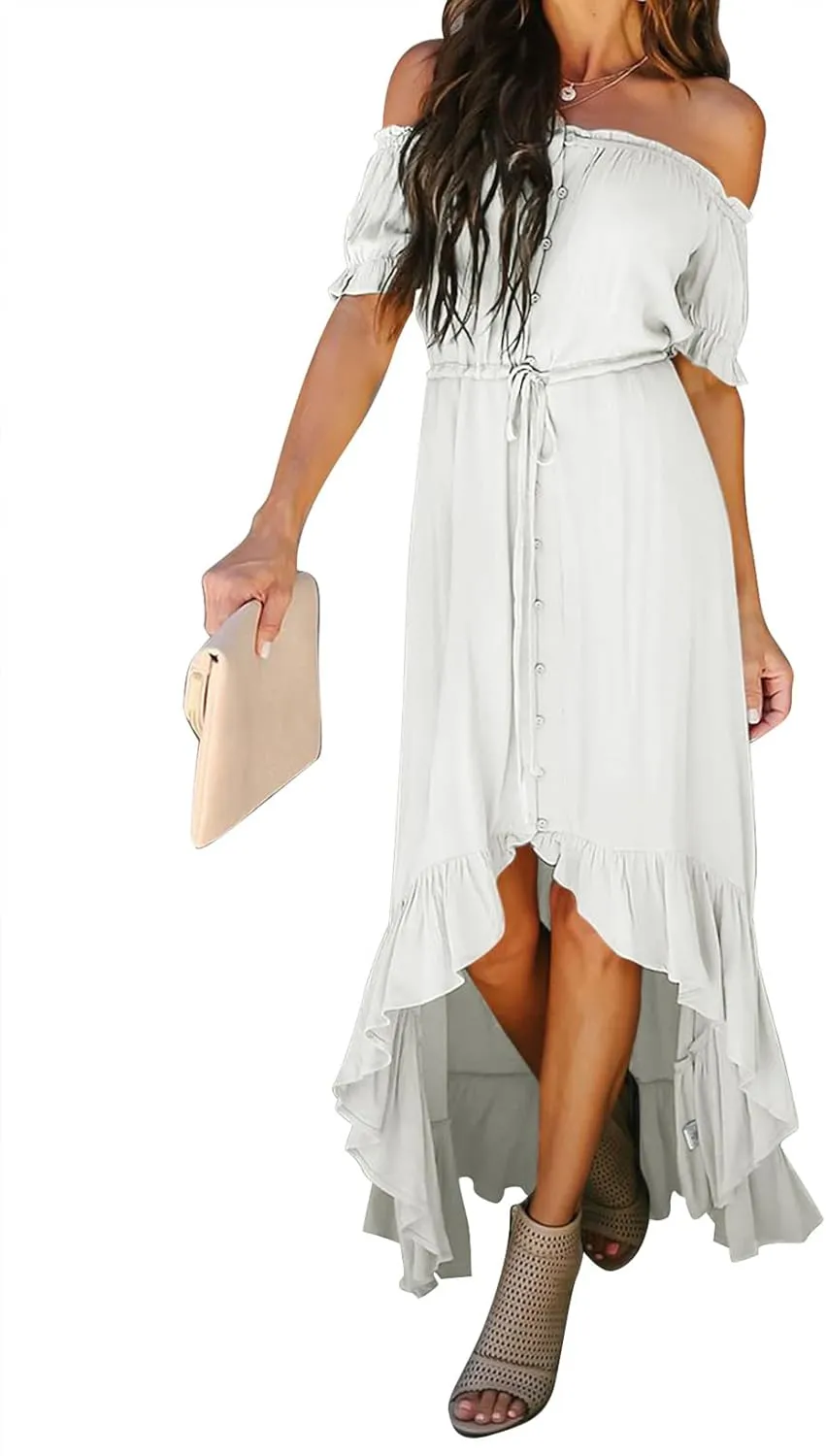 Happy Sailed Womens Off The Shoulder Maxi Dress Casual Short Sleeve Ruffle High Low Cocktail Party Wedding Guest Dresses