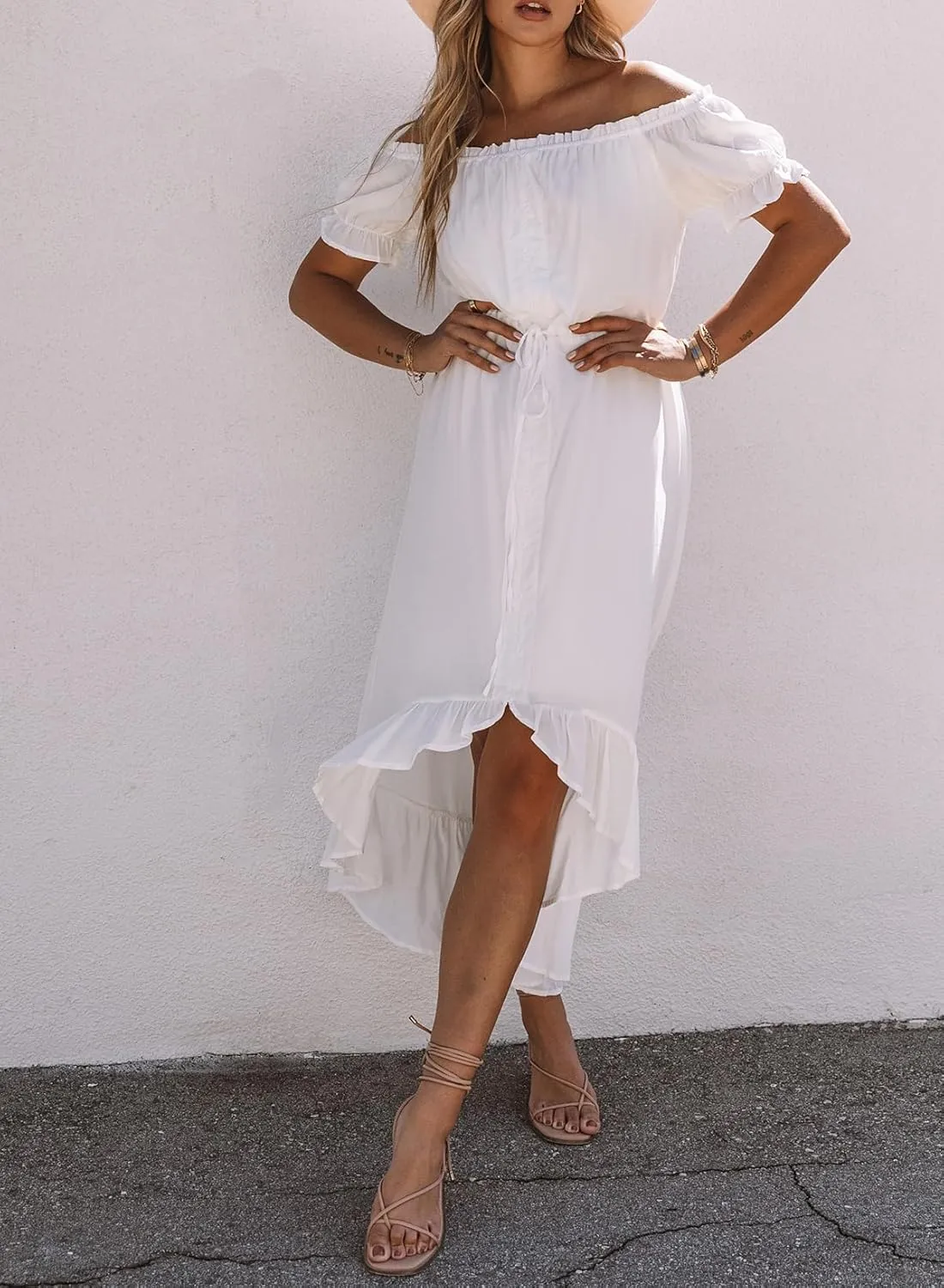 Happy Sailed Womens Off The Shoulder Maxi Dress Casual Short Sleeve Ruffle High Low Cocktail Party Wedding Guest Dresses