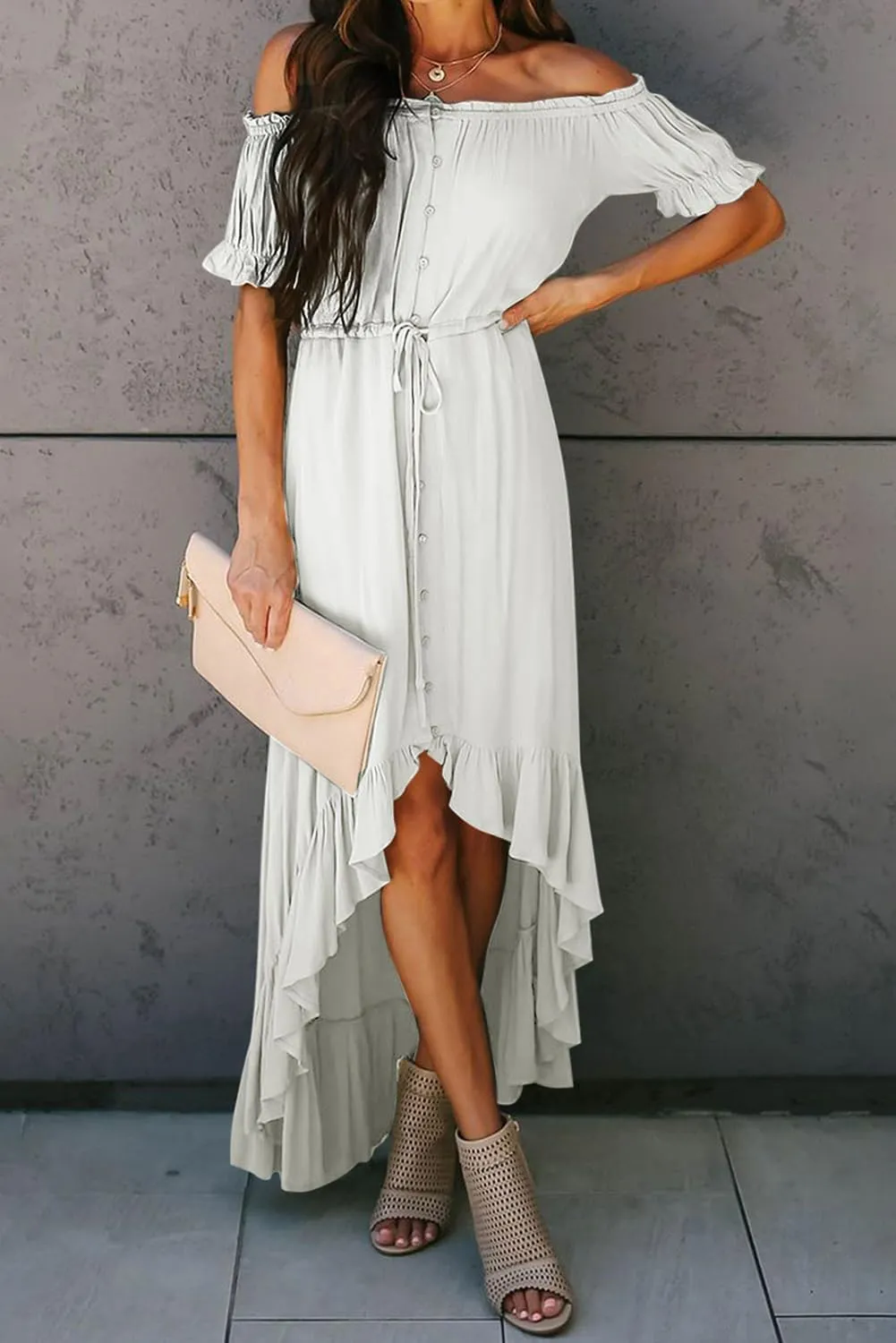 Happy Sailed Womens Off The Shoulder Maxi Dress Casual Short Sleeve Ruffle High Low Cocktail Party Wedding Guest Dresses