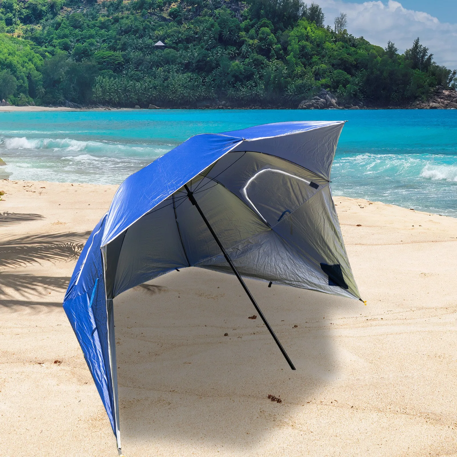 Havana Outdoors Beach Umbrella 2.4M Outdoor Garden Beach Portable Shade Shelter - Blue-NT_Rural