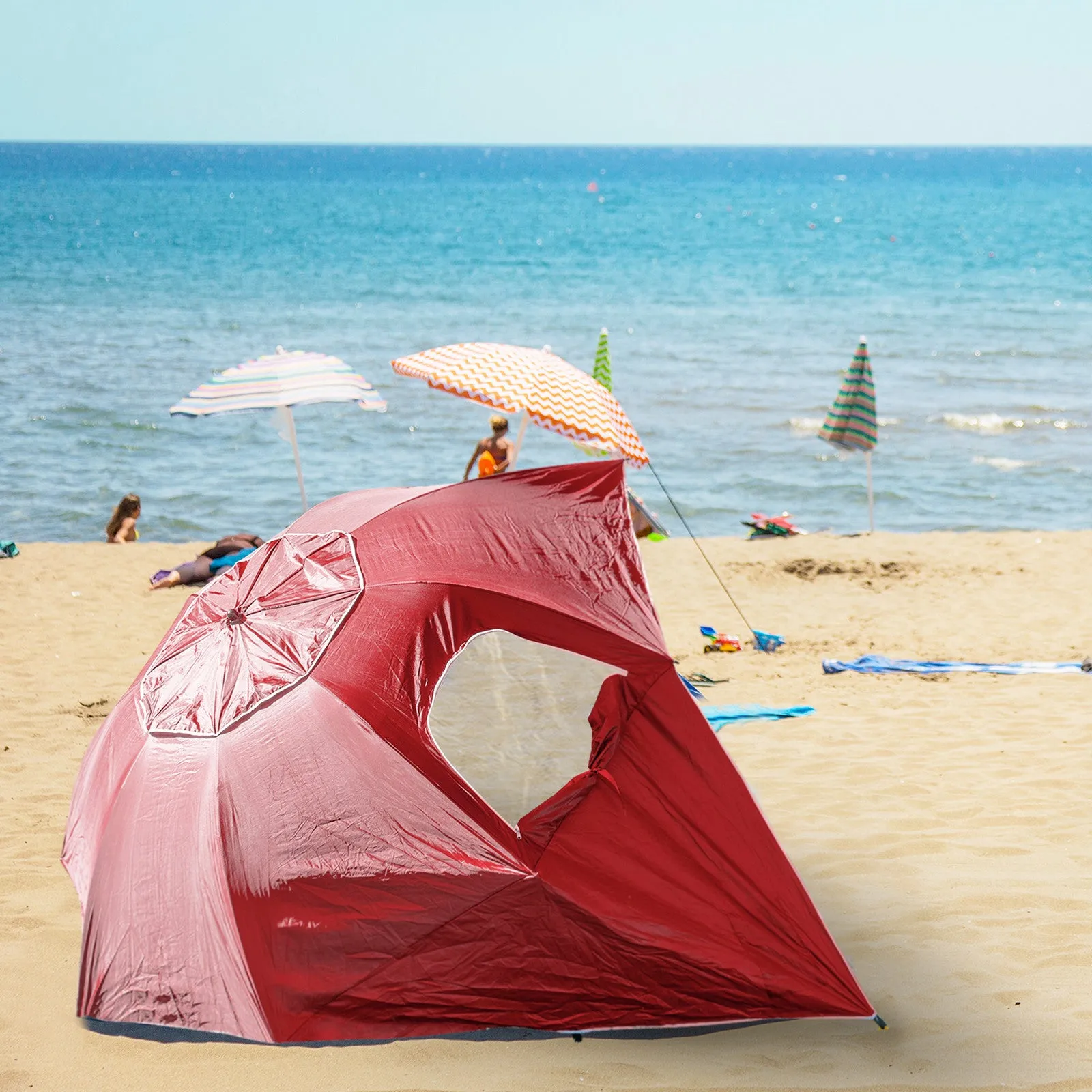 Havana Outdoors Beach Umbrella 2.4M Outdoor Garden Beach Portable Shade Shelter - Red-QLD_Rural