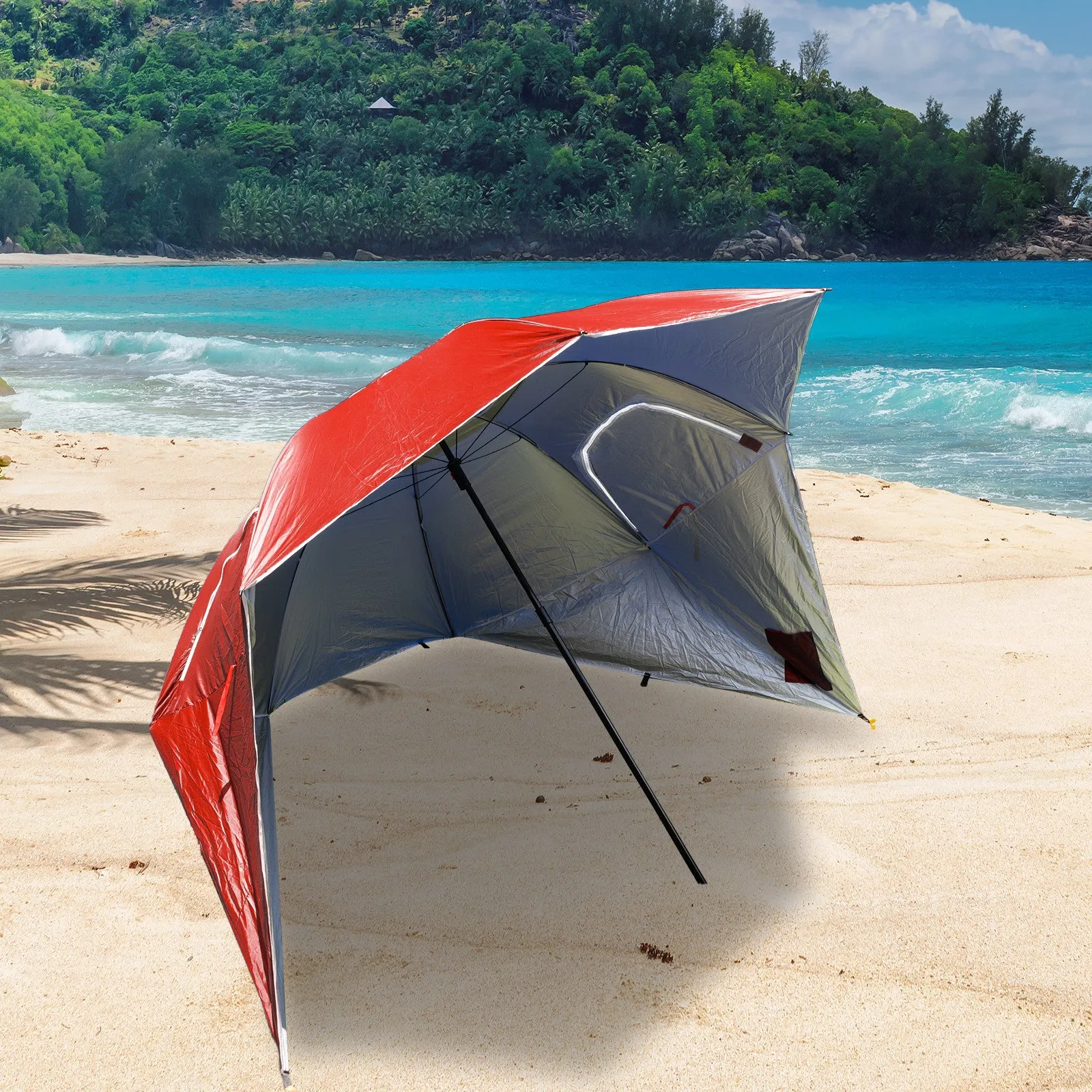 Havana Outdoors Beach Umbrella 2.4M Outdoor Garden Beach Portable Shade Shelter - Red-QLD_Rural