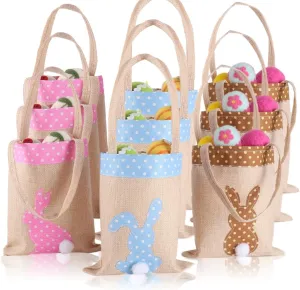 HDLJIAL 9 Pcs Easter Burlap Bags for Kids Bunny Bags Jute Easter Baskets for Egg Hunts