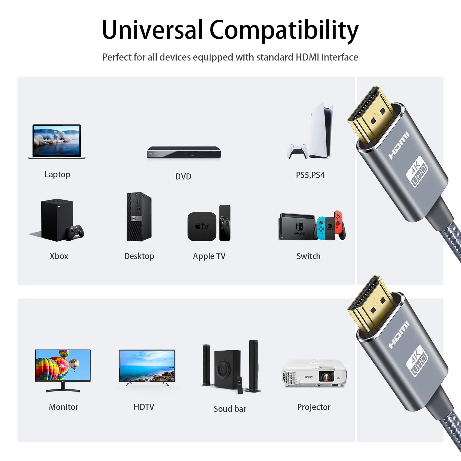 HDMI Cable 4K 50 ft, High Speed HDMI 2.0 Cord Braided | 4K@30Hz, Ultra HD, 1080p, ARC, HDR, 3D, HDCP 2.2 | for Xbox / PS5 / TV/Laptop/Monitor