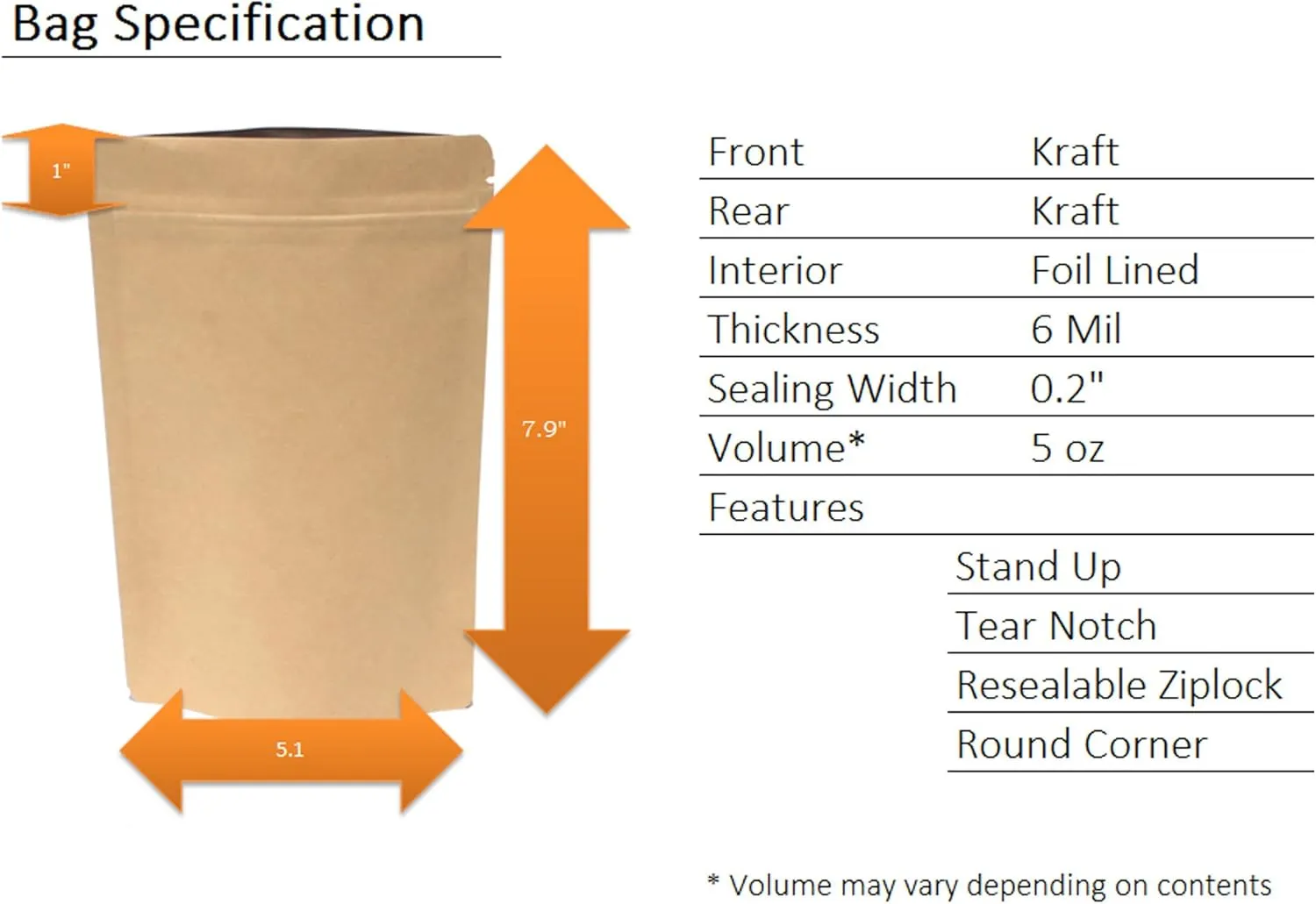 Heavy Duty Kraft Paper Self Standing Resealable Zipper Pouch Bags (1 oz- 16 oz) - FDA and USDA compliant (100, 5 Oz)