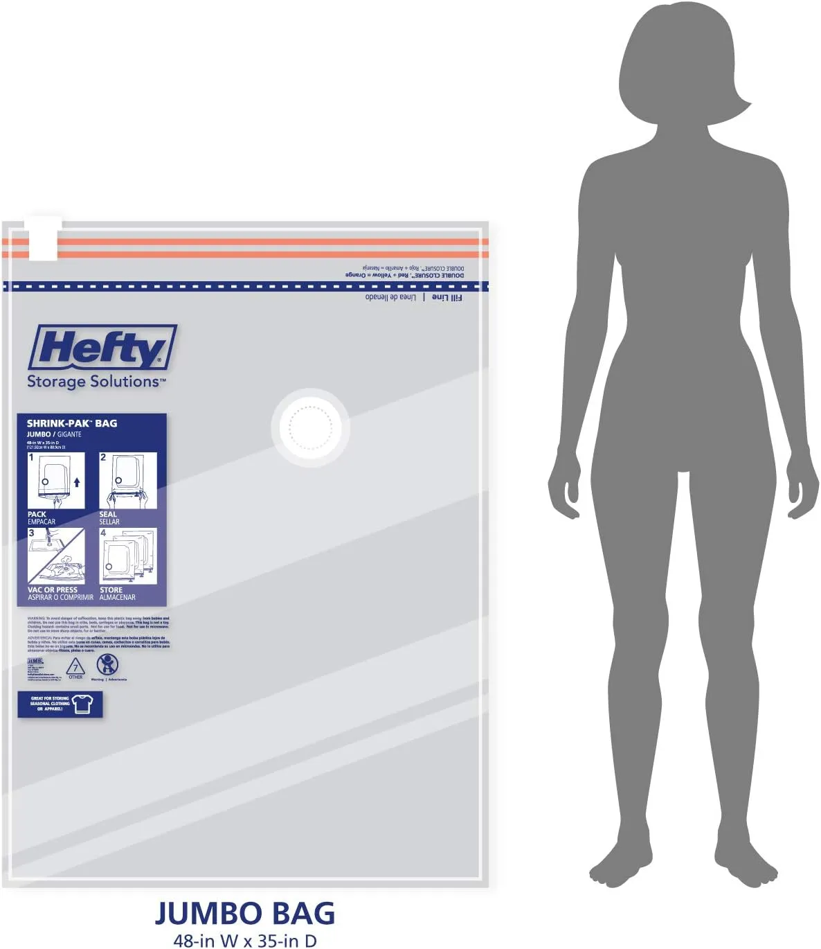 Hefty Shrink-Pak Vacuum Storage Bags - Space Saver for Under Bed Storage, Clothing and Comforters, Odor Resistant, 3X More Storage Space - 3 Jumbo Bags