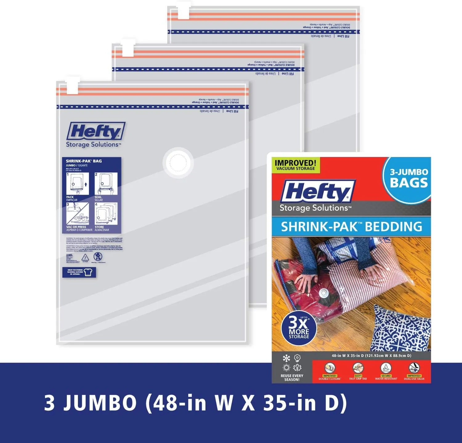 Hefty Shrink-Pak Vacuum Storage Bags - Space Saver for Under Bed Storage, Clothing and Comforters, Odor Resistant, 3X More Storage Space - 3 Jumbo Bags