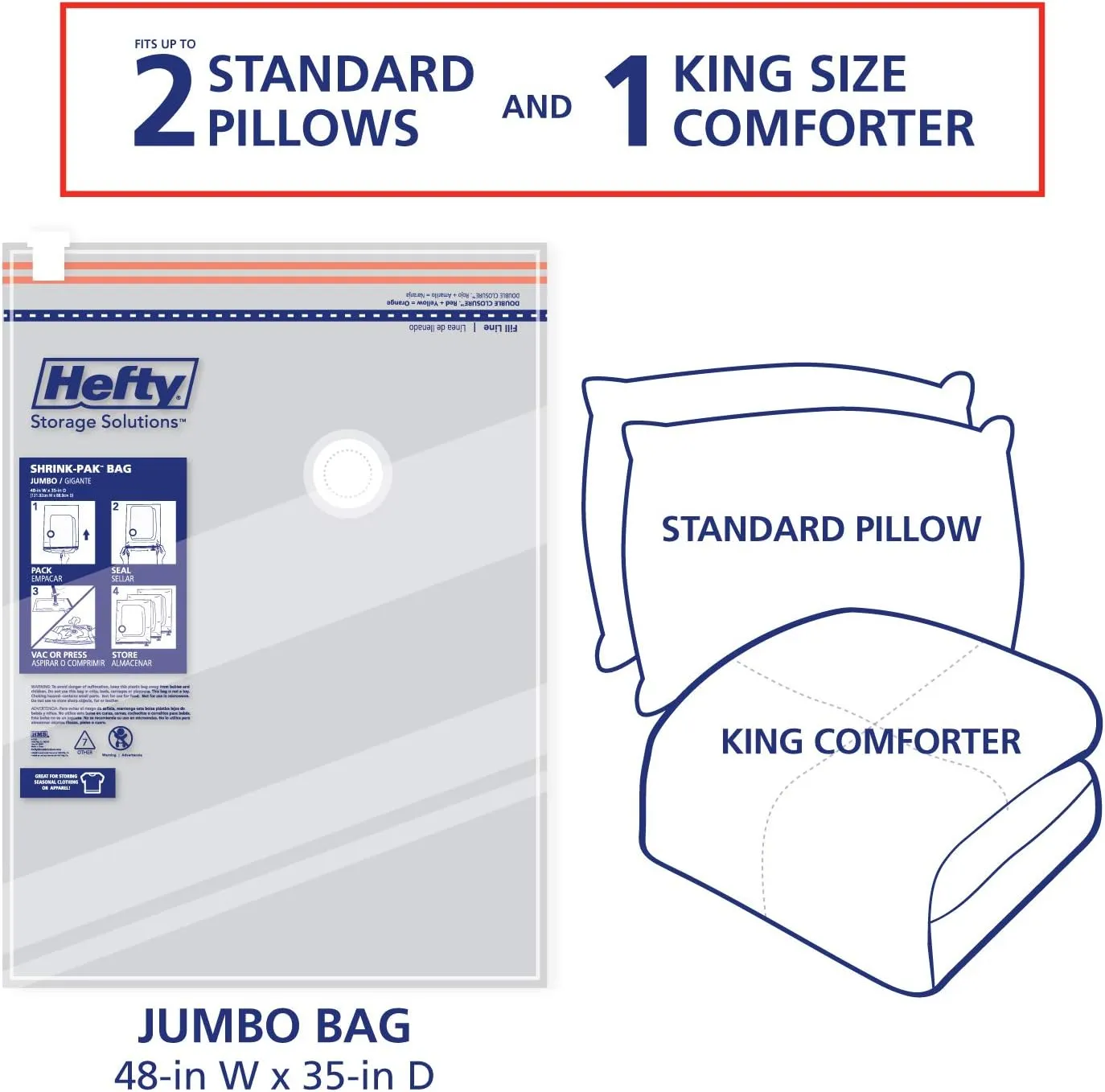 Hefty Shrink-Pak Vacuum Storage Bags - Space Saver for Under Bed Storage, Clothing and Comforters, Odor Resistant, 3X More Storage Space - 3 Jumbo Bags