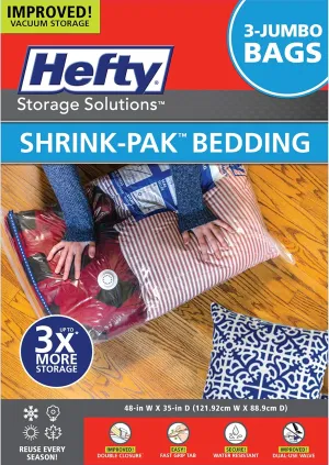 Hefty Shrink-Pak Vacuum Storage Bags - Space Saver for Under Bed Storage, Clothing and Comforters, Odor Resistant, 3X More Storage Space - 3 Jumbo Bags