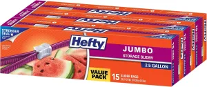 Hefty Slider Jumbo Storage Bags, 2.5 Gallon Size, 15 Count (Pack of 3), 45 Total