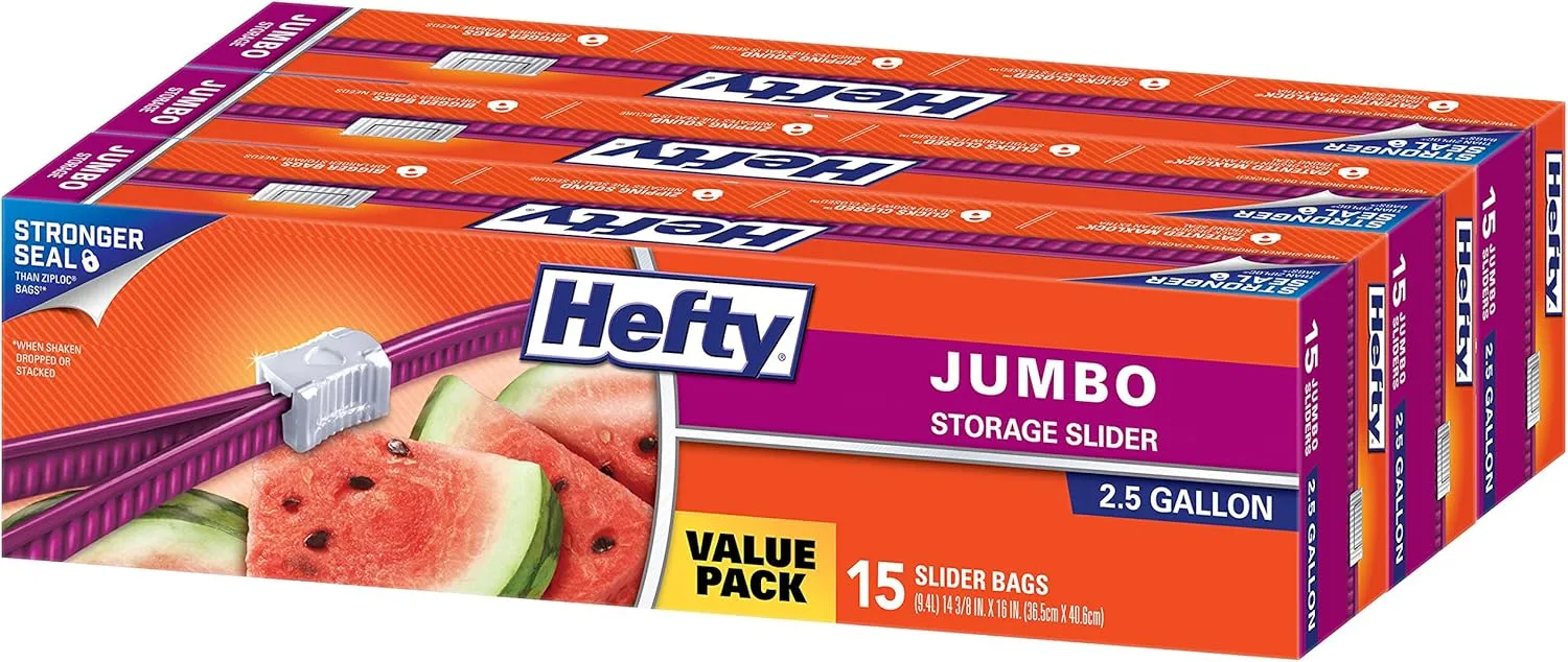 Hefty Slider Jumbo Storage Bags, 2.5 Gallon Size, 15 Count (Pack of 3), 45 Total