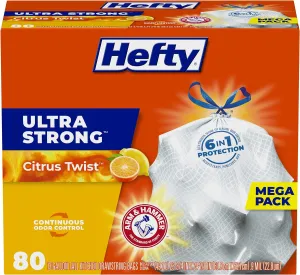 Hefty Ultra Strong 13 Gallon Trash Bags, Tall Kitchen Trash Bags 13 Gallon Size, Drawstring Closure, Continuous Odor Control, White, Citrus Twist Scent, 80 Bags